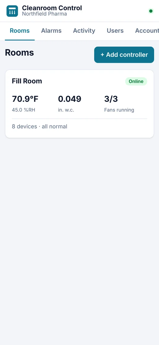 The Cleanroom Control app on a phone: the Rooms page with live temperature, humidity, pressure and fans running.
