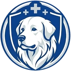 The Pyr controller logo: a white Great Pyrenees on a blue shield